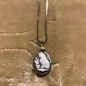 Cat Cameo Pendant Necklace Vintage Inspired on Long Chain
